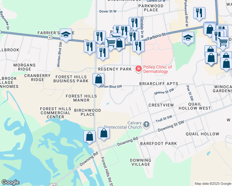 map of restaurants, bars, coffee shops, grocery stores, and more near 2502 Saint Christopher Circle Southwest in Wilson