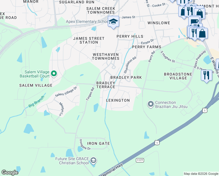 map of restaurants, bars, coffee shops, grocery stores, and more near 1210 Shackleton Road in Apex