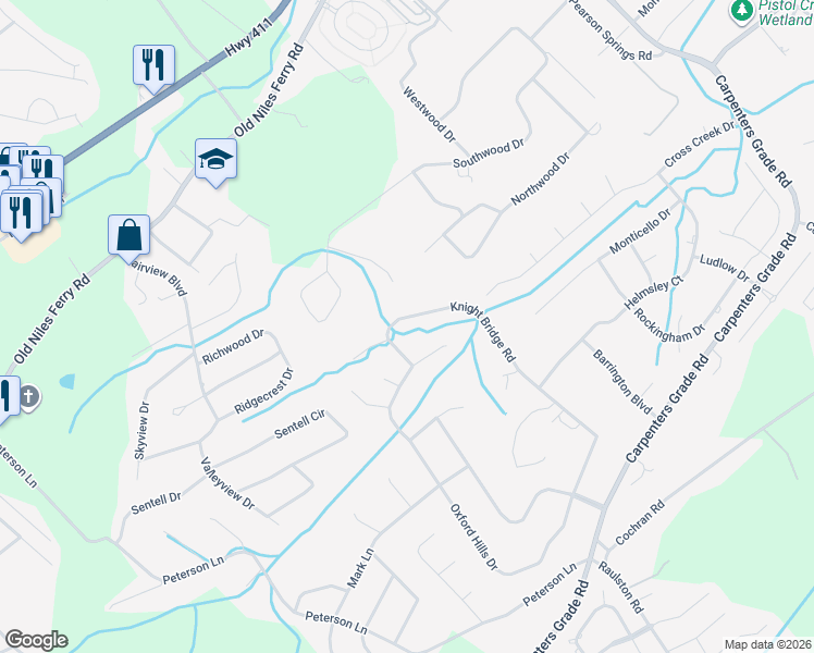map of restaurants, bars, coffee shops, grocery stores, and more near 711 Oxford Hills Drive in Maryville