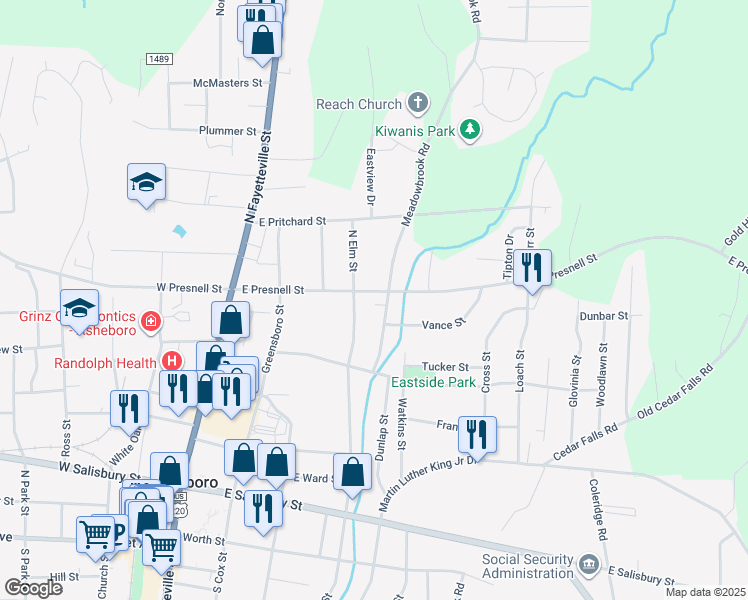 map of restaurants, bars, coffee shops, grocery stores, and more near 604 North Elm Street in Asheboro