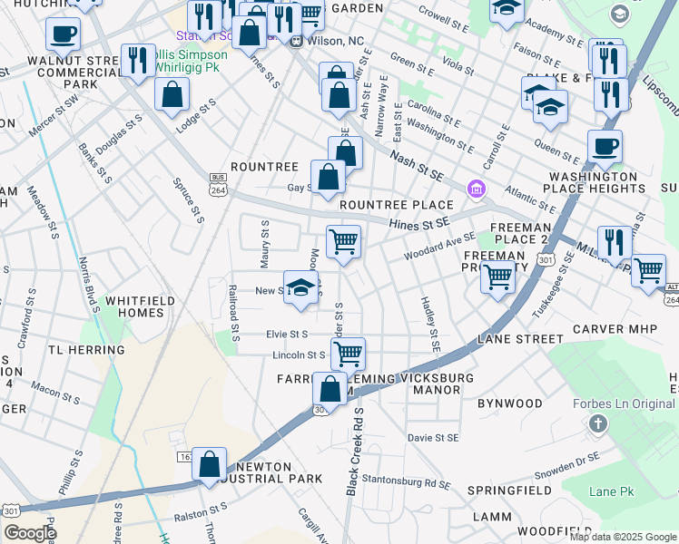 map of restaurants, bars, coffee shops, grocery stores, and more near Pender Street South in Wilson