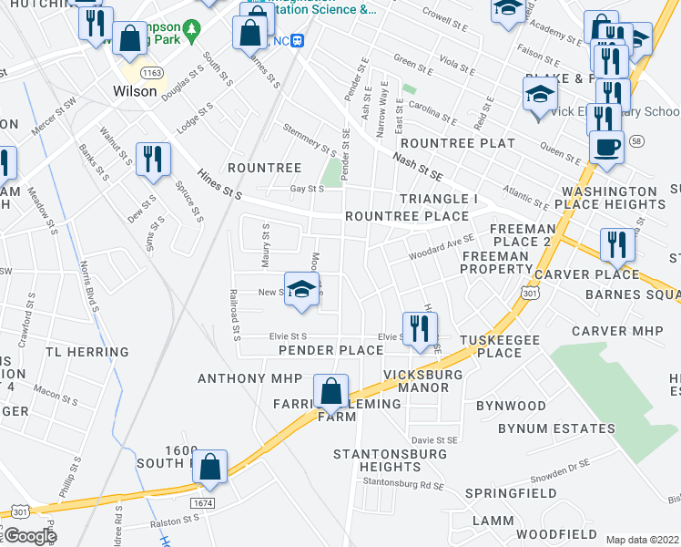 map of restaurants, bars, coffee shops, grocery stores, and more near Pender Street South in Wilson