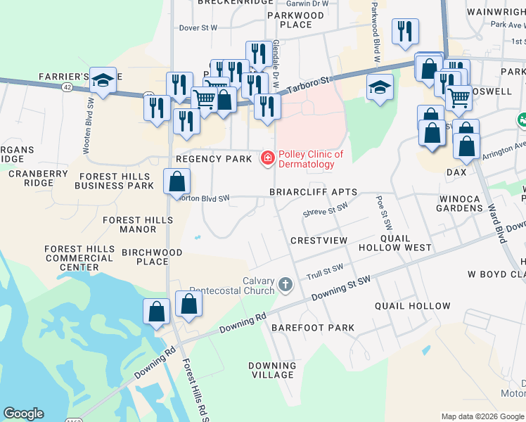map of restaurants, bars, coffee shops, grocery stores, and more near 2400 Horton Boulevard Southwest in Wilson
