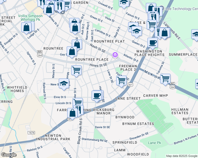 map of restaurants, bars, coffee shops, grocery stores, and more near 303 Hadley Street Southeast in Wilson