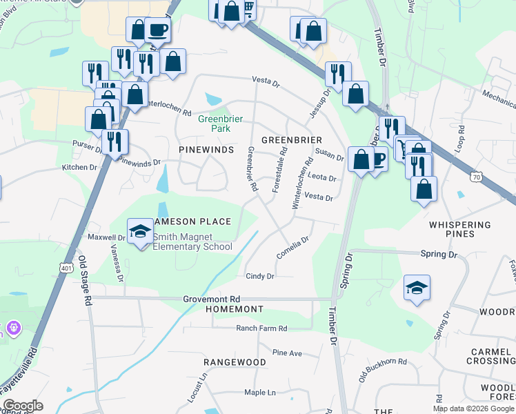 map of restaurants, bars, coffee shops, grocery stores, and more near 4804 Greenbrier Road in Raleigh
