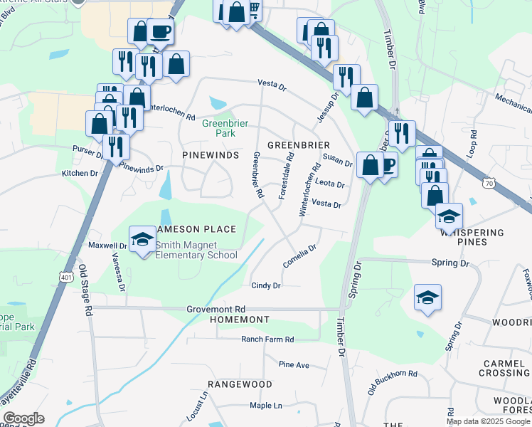 map of restaurants, bars, coffee shops, grocery stores, and more near 4814 Greenbrier Road in Raleigh