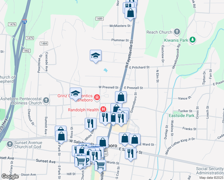 map of restaurants, bars, coffee shops, grocery stores, and more near 146W East Presnell Street in Asheboro