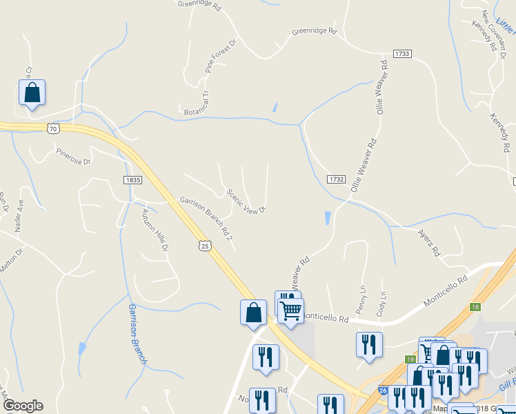 map of restaurants, bars, coffee shops, grocery stores, and more near 10 Scenic View Drive in Weaverville
