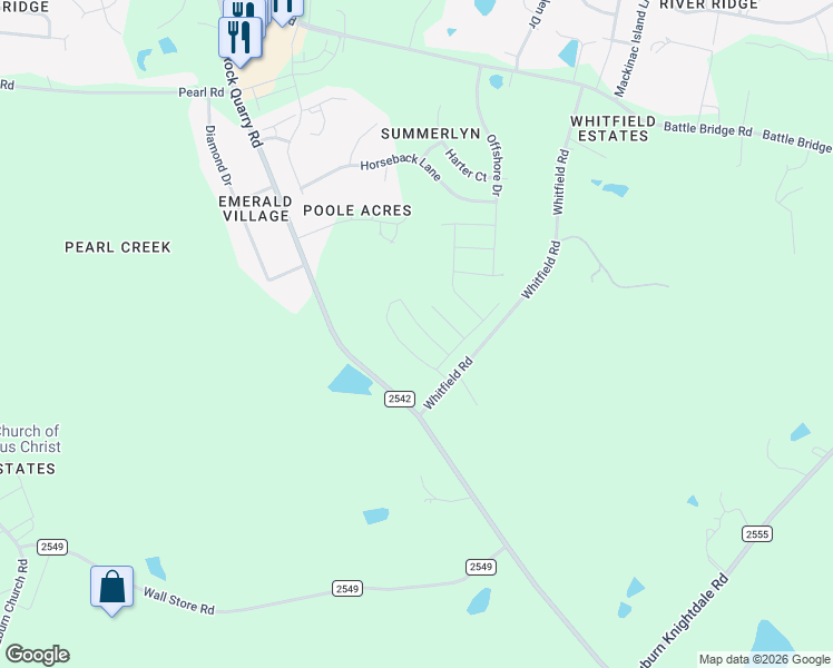 map of restaurants, bars, coffee shops, grocery stores, and more near 6325 Rock Quarry Road in Raleigh