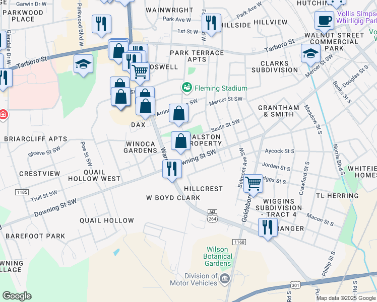 map of restaurants, bars, coffee shops, grocery stores, and more near in Wilson