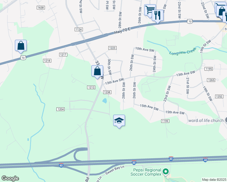 map of restaurants, bars, coffee shops, grocery stores, and more near 1359 29th Street Southwest in Hickory