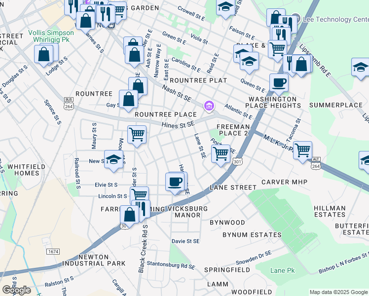 map of restaurants, bars, coffee shops, grocery stores, and more near 1106 Woodard Avenue Southeast in Wilson