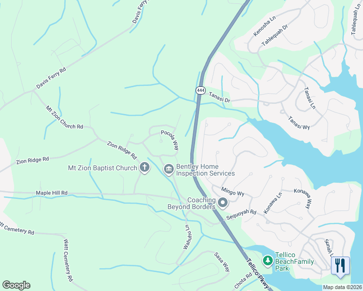 map of restaurants, bars, coffee shops, grocery stores, and more near 134 Pocola Way in Loudon