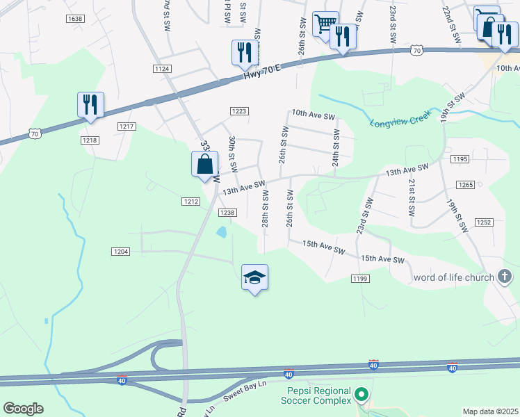 map of restaurants, bars, coffee shops, grocery stores, and more near 1359 29th St SW in Hickory