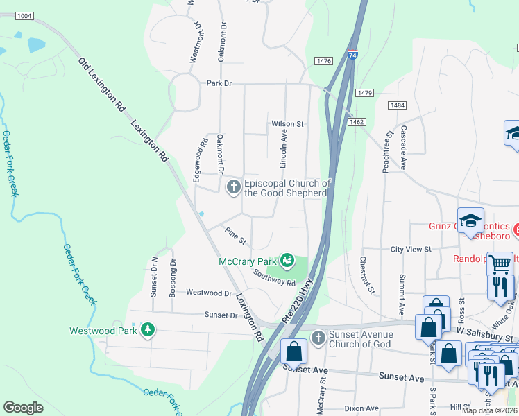 map of restaurants, bars, coffee shops, grocery stores, and more near 1122 Chapel Gate Lane in Asheboro