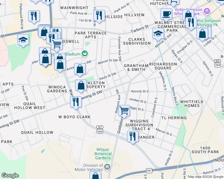 map of restaurants, bars, coffee shops, grocery stores, and more near 1300 Downing Street Southwest in Wilson
