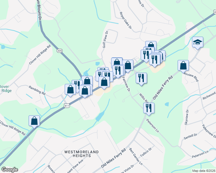 map of restaurants, bars, coffee shops, grocery stores, and more near 2622 U.S. 411 in Maryville
