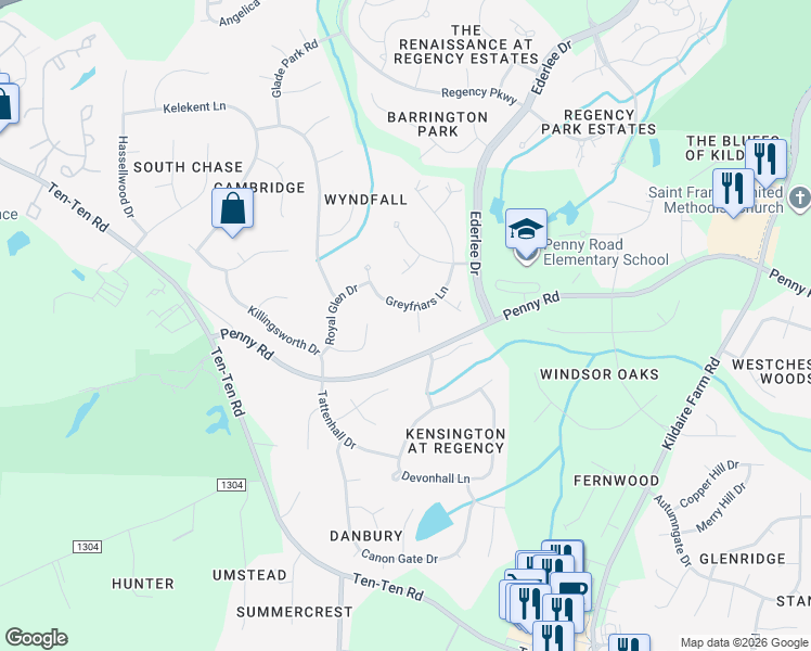 map of restaurants, bars, coffee shops, grocery stores, and more near 120 Greyfriars Lane in Cary