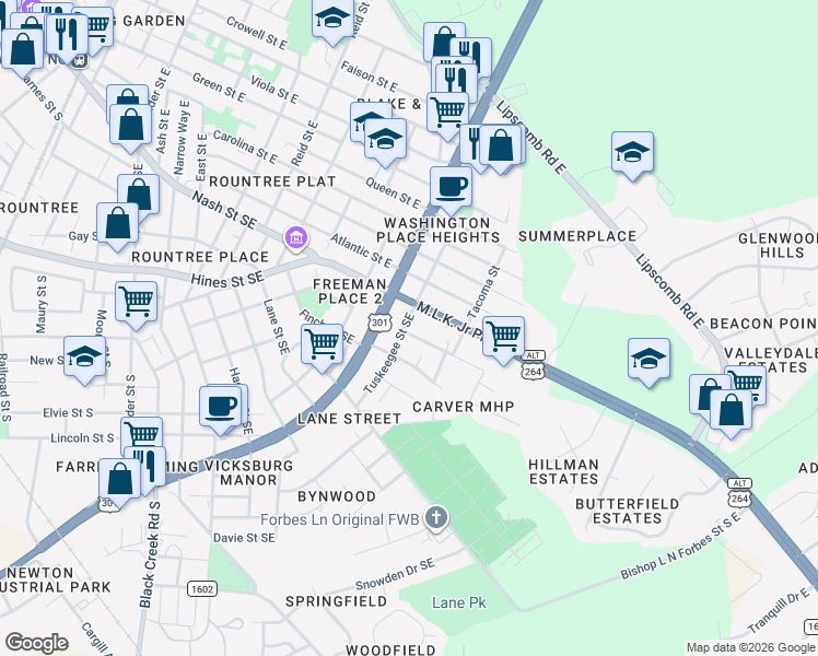map of restaurants, bars, coffee shops, grocery stores, and more near 103 Tuskeegee Street Southeast in Wilson