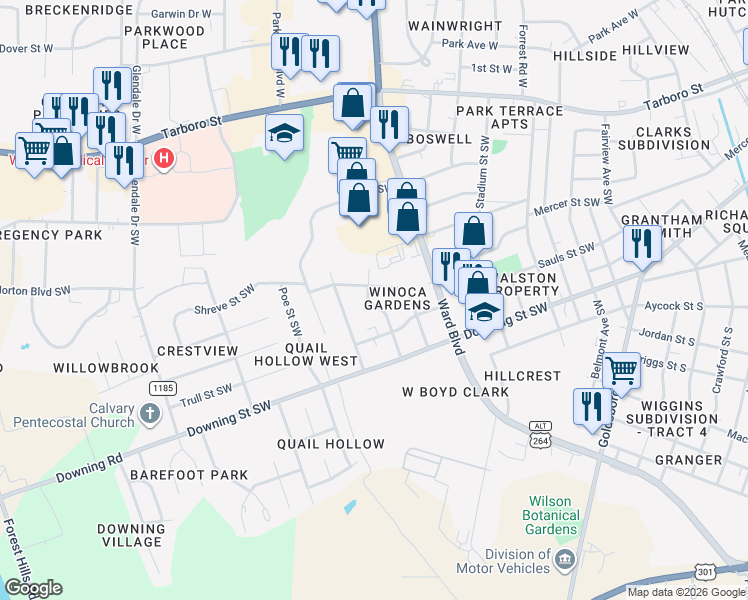 map of restaurants, bars, coffee shops, grocery stores, and more near 501 Walton Street Southwest in Wilson