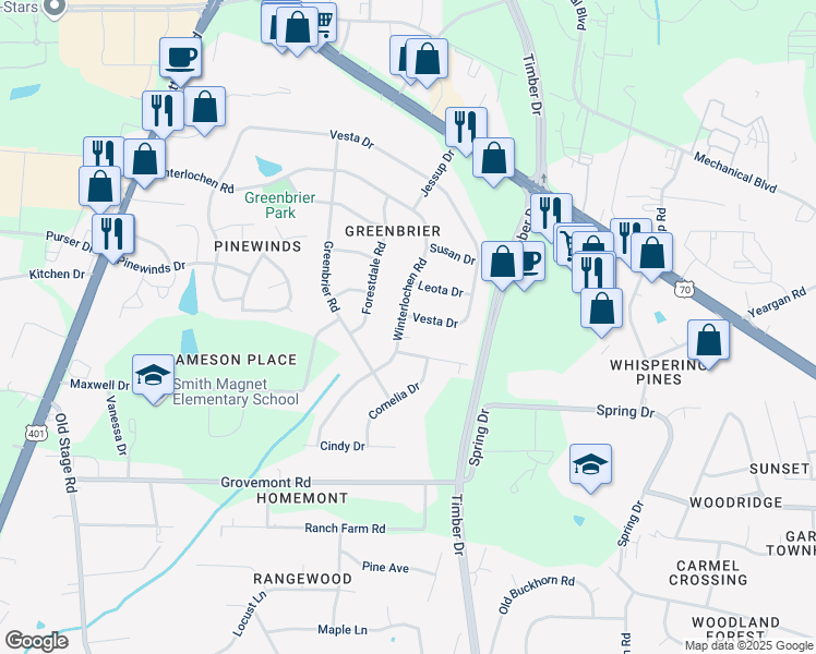 map of restaurants, bars, coffee shops, grocery stores, and more near 4801 Winterlochen Road in Raleigh