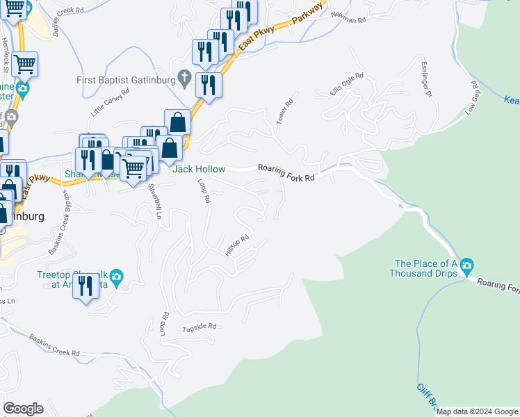map of restaurants, bars, coffee shops, grocery stores, and more near 344 Hilltop Road in Gatlinburg