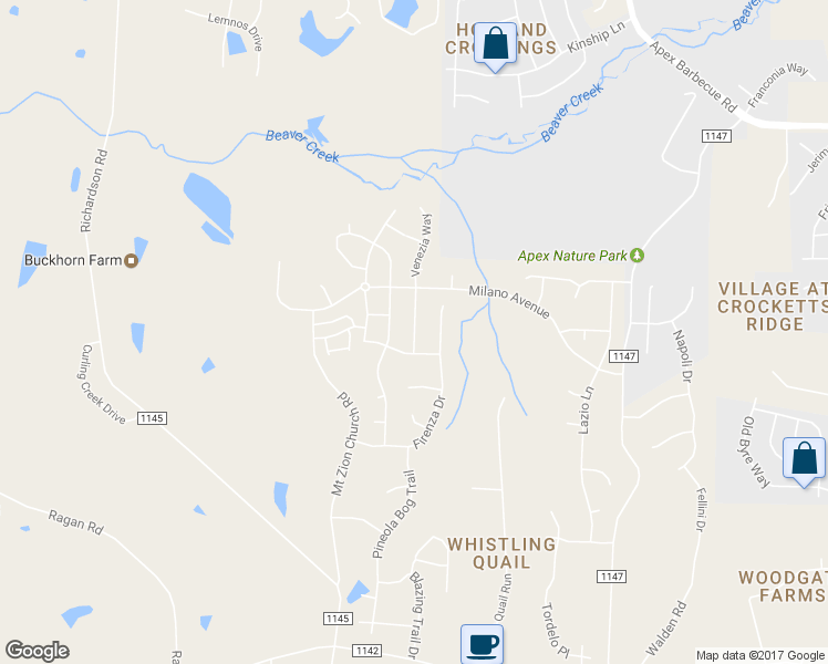 map of restaurants, bars, coffee shops, grocery stores, and more near 1830 Venezia Way in Apex