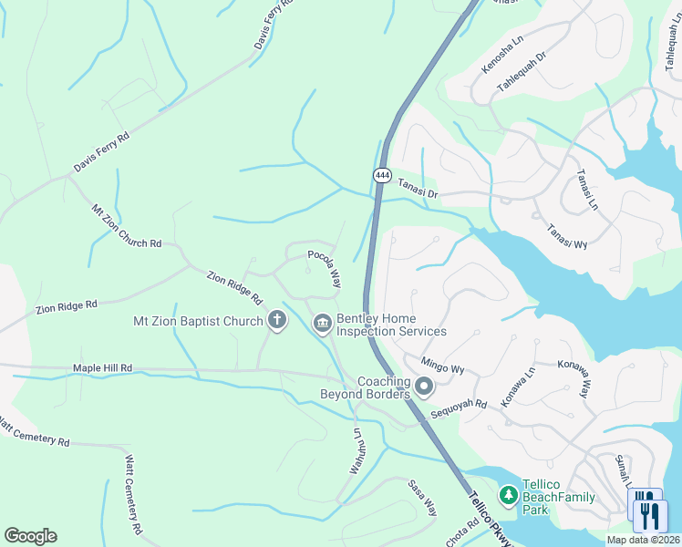 map of restaurants, bars, coffee shops, grocery stores, and more near 134 Pocola Way in Loudon
