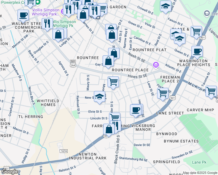 map of restaurants, bars, coffee shops, grocery stores, and more near 618 South Pender Street in Elm City