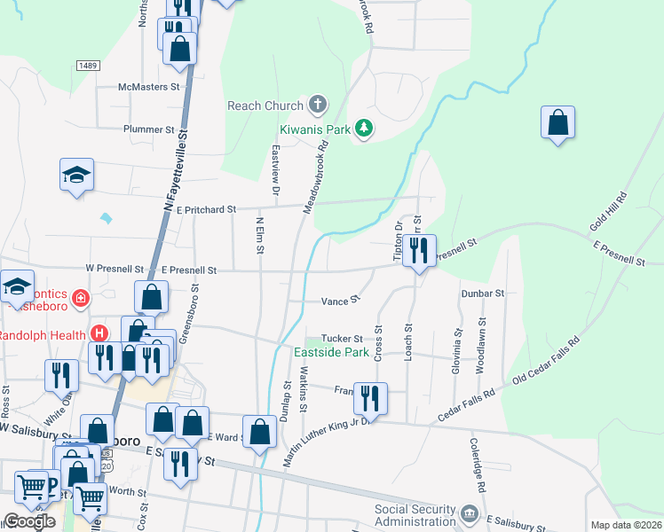 map of restaurants, bars, coffee shops, grocery stores, and more near 543E East Presnell Street in Asheboro