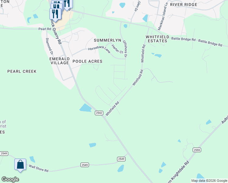 map of restaurants, bars, coffee shops, grocery stores, and more near 4520 Whitfield Road in Raleigh