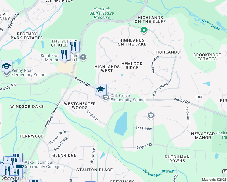 map of restaurants, bars, coffee shops, grocery stores, and more near 210 Serence Court in Cary