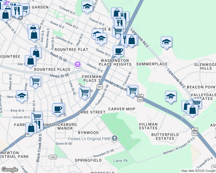 map of restaurants, bars, coffee shops, grocery stores, and more near 103 Tuskeegee Street Southeast in Wilson