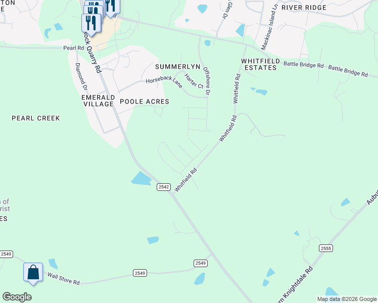 map of restaurants, bars, coffee shops, grocery stores, and more near 4520 Whitfield Road in Raleigh