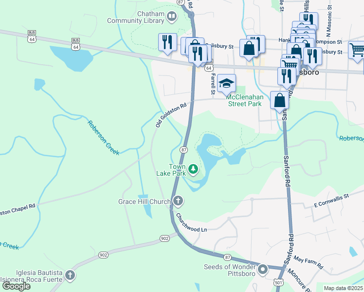 map of restaurants, bars, coffee shops, grocery stores, and more near 404 North Carolina 902 in Pittsboro