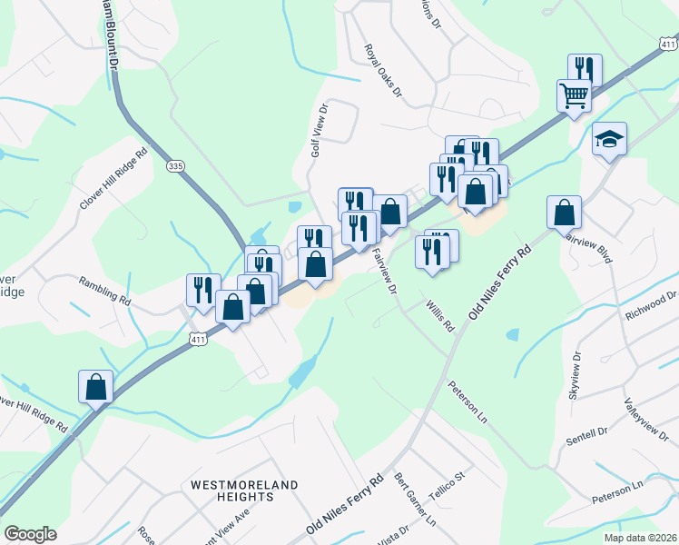 map of restaurants, bars, coffee shops, grocery stores, and more near 2622 U.S. 411 in Maryville