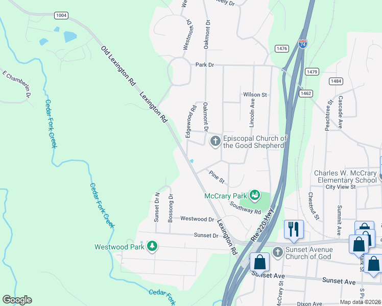 map of restaurants, bars, coffee shops, grocery stores, and more near 510 Edgewood Road in Asheboro
