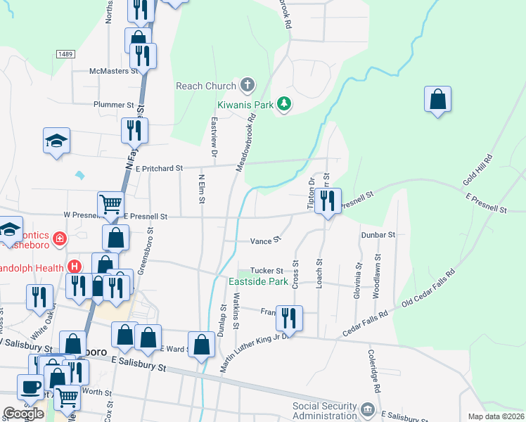 map of restaurants, bars, coffee shops, grocery stores, and more near 543E East Presnell Street in Asheboro