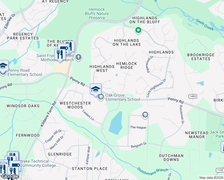 map of restaurants, bars, coffee shops, grocery stores, and more near 210 Serence Court in Cary