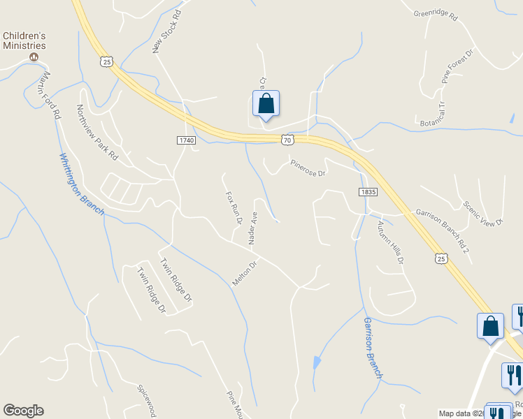 map of restaurants, bars, coffee shops, grocery stores, and more near 35 Nader Avenue in Weaverville