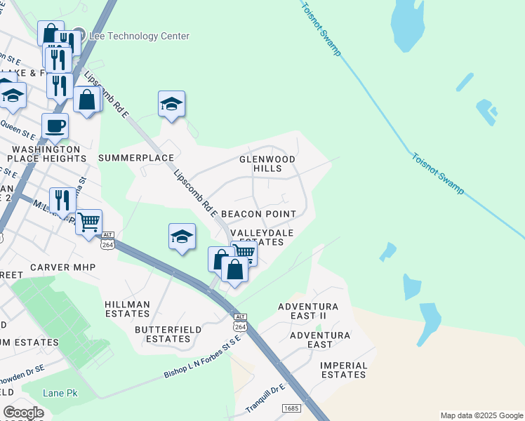 map of restaurants, bars, coffee shops, grocery stores, and more near 1901 Lenoir Drive East in Wilson