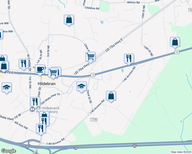 map of restaurants, bars, coffee shops, grocery stores, and more near 401 Main Avenue East in Hildebran