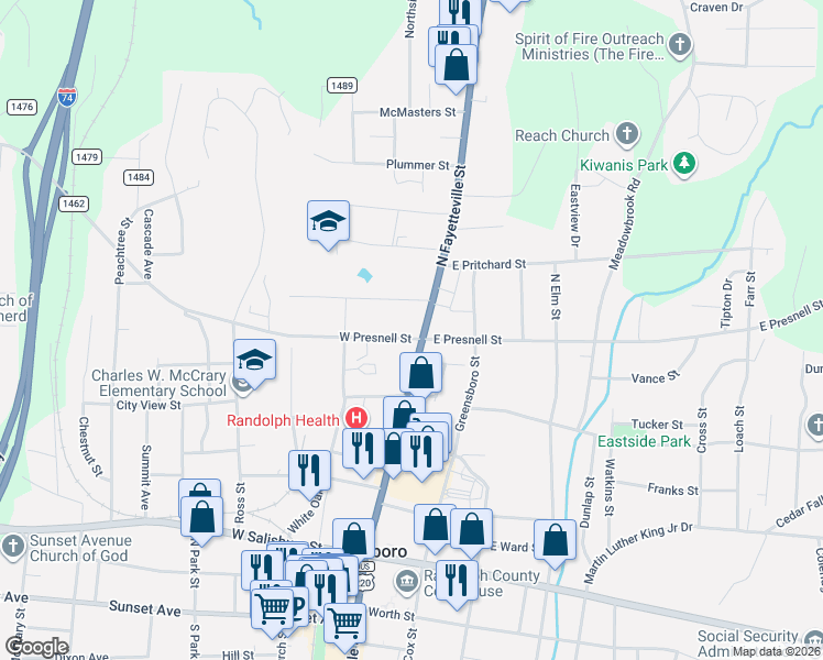map of restaurants, bars, coffee shops, grocery stores, and more near 603N North Fayetteville Street in Asheboro