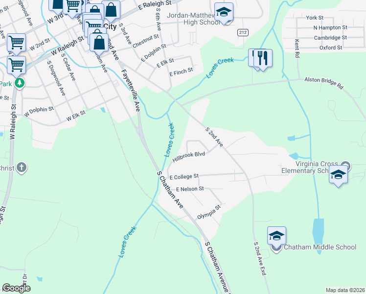 map of restaurants, bars, coffee shops, grocery stores, and more near 201 S Hillcrest Dr in Siler City