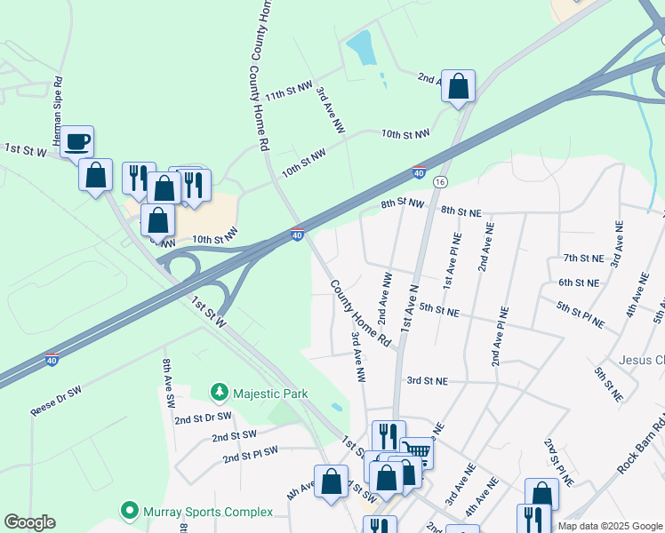 map of restaurants, bars, coffee shops, grocery stores, and more near 512 County Home Road in Conover