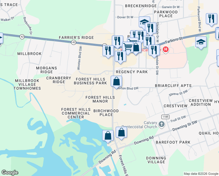 map of restaurants, bars, coffee shops, grocery stores, and more near 2668 Forest Hills Road Southwest in Wilson