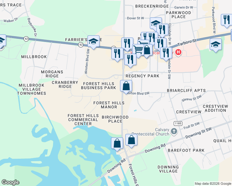 map of restaurants, bars, coffee shops, grocery stores, and more near 2668 Forest Hills Road Southwest in Wilson
