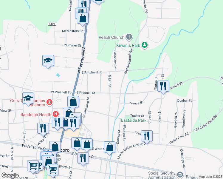 map of restaurants, bars, coffee shops, grocery stores, and more near 604 North Elm Street in Asheboro