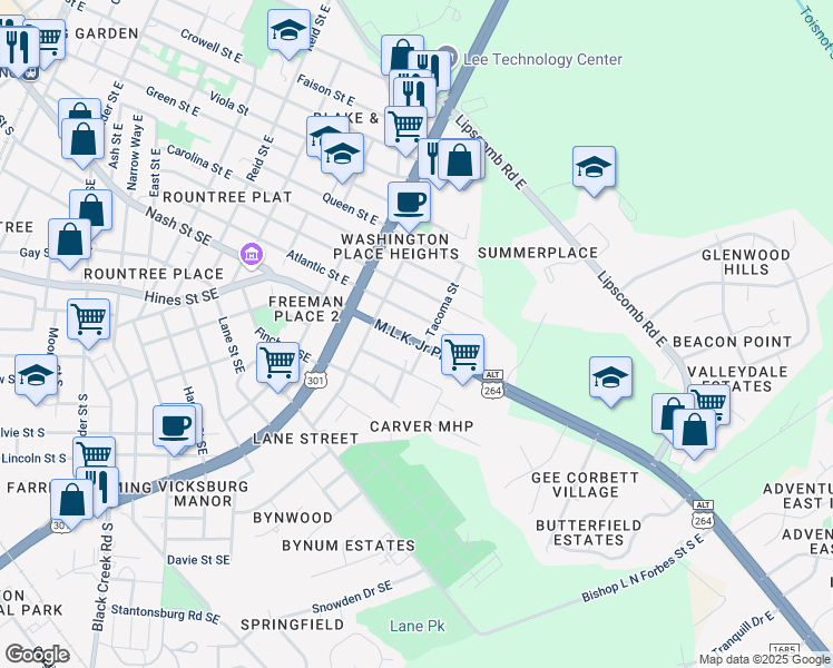 map of restaurants, bars, coffee shops, grocery stores, and more near 1619 Martin Luther King Junior Parkway in Wilson