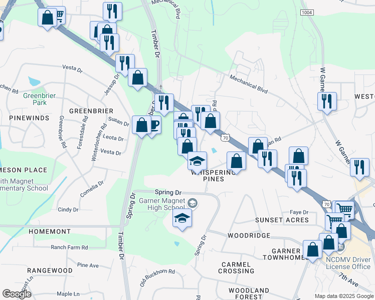 map of restaurants, bars, coffee shops, grocery stores, and more near 2640 Timber Drive in Garner